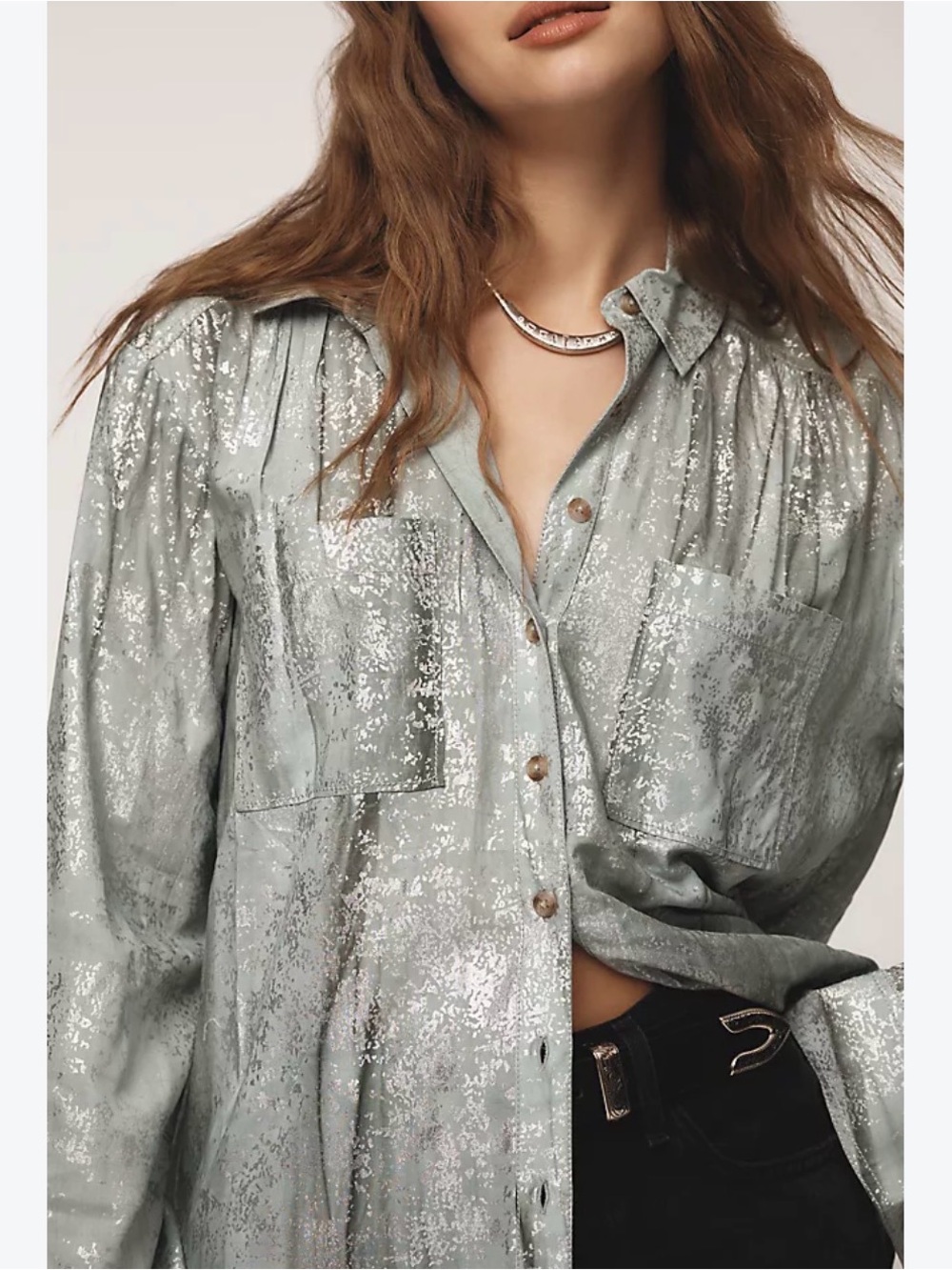 Pilcro Metallic Silver Button-Down Shirt